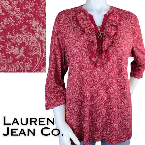 Ralph Lauren Jeans Co. Ruffled V-Neck Jersey Knit Laced Top Cranberry Floral 2X - Picture 1 of 10